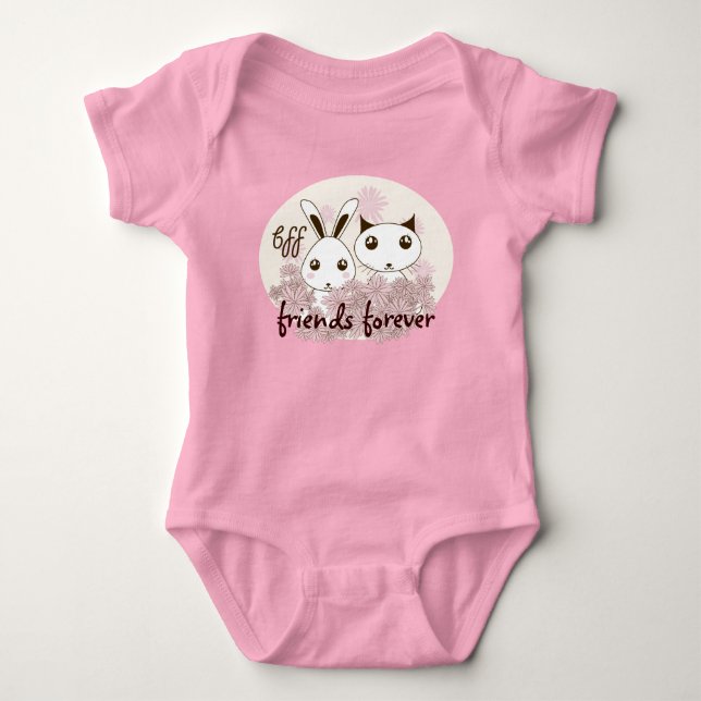 Cute Kitten Bunny Animal Best Friends Pink Girl Baby Bodysuit (Front)