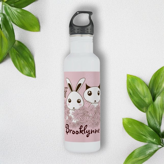 Cute Kitten Bunny Animal Friends Pink Kids Girls Stainless Steel Water Bottle (Creator Uploaded)