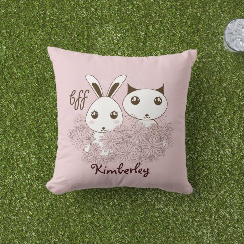 Cute Kitten Bunny Best Friends Girl Pink Outdoo Throw Pillow