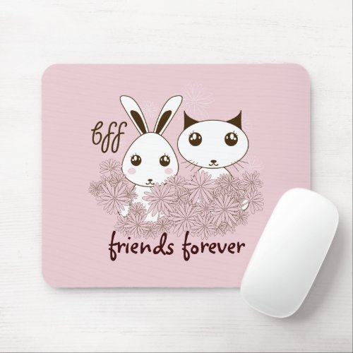 Cute Kitten Bunny Friends Forever Kids Girl Pink Mouse Pad