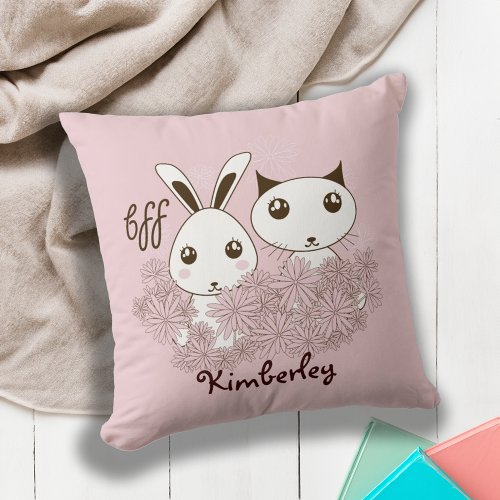 Cute Kitten Bunny Friends Forever Kids Girl Pink Throw Pillow