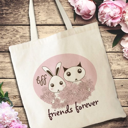 Cute Kitten Bunny Friends Forever Kids Girl Pink Tote Bag