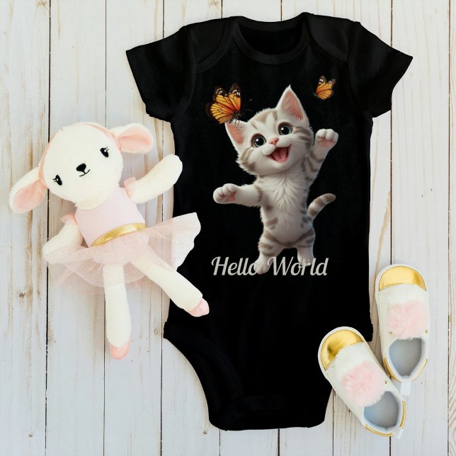 Cute Kitten Butterflies Hello World Baby Bodysuit (Creator Uploaded)