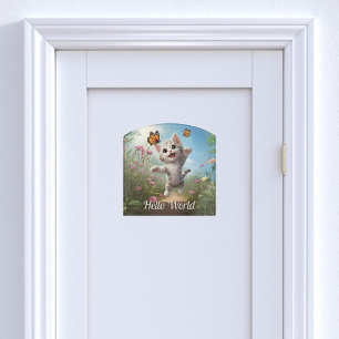 Cute Kitten Butterflies Hello World Door Sign