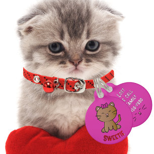 Cute Kitten Cartoon Bright Pink Kawaii Girl Cat Pet ID Tag