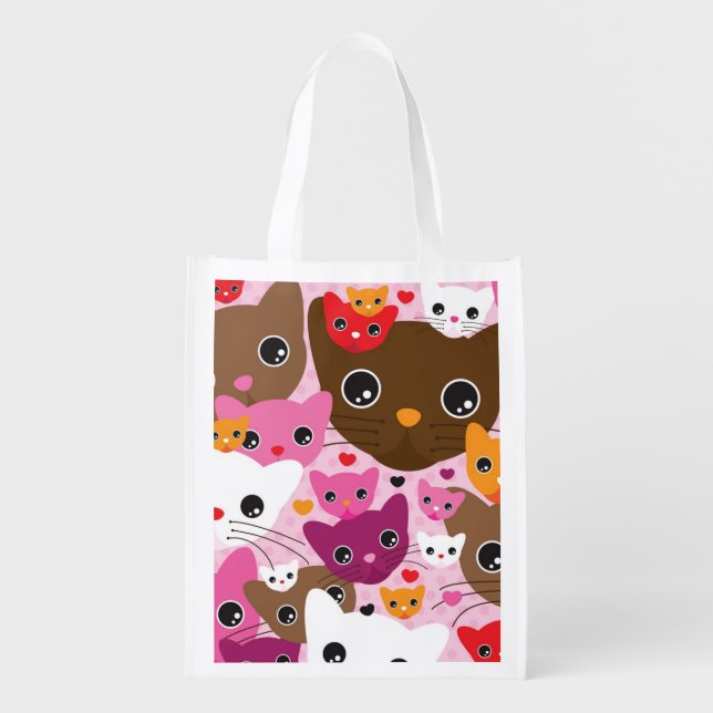 cute kitten cat background pattern reusable grocery bag (Front)
