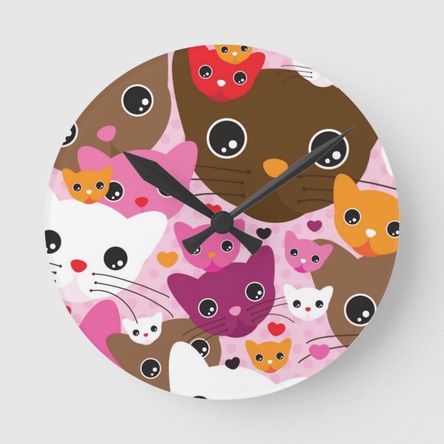 cute kitten cat background pattern round clock (Front)