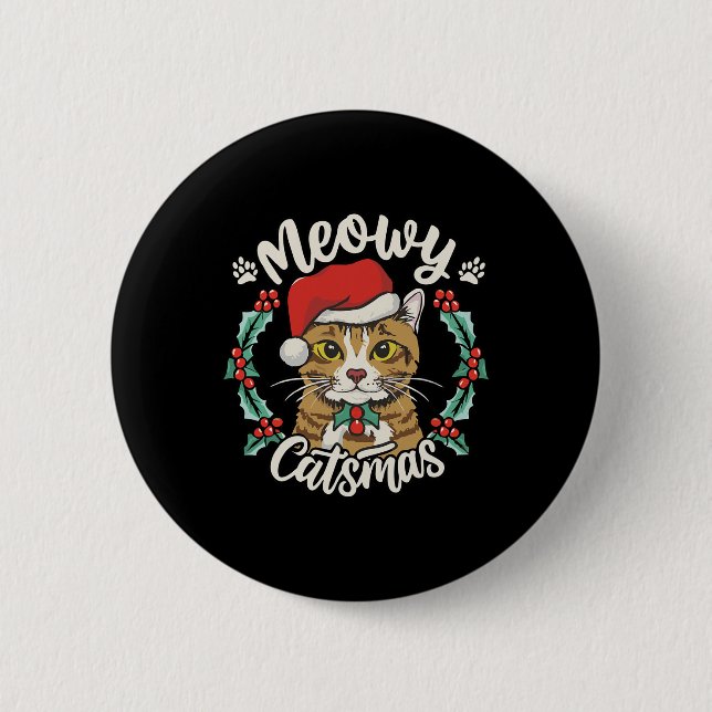 Cute Kitten Cat Christmas Santa Hat Meowy Catmas W Button (Front)