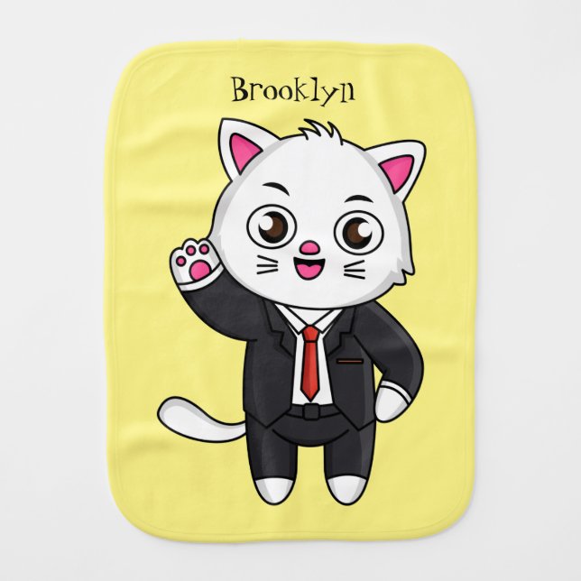 Cute kitten cat in business suit cartoon baby burp cloth (Front)