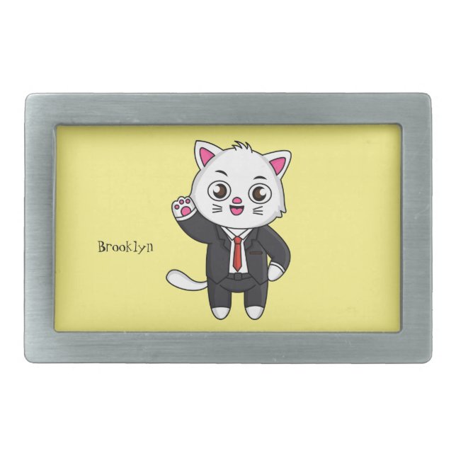 Cute kitten cat in business suit cartoon belt buckle (Front)