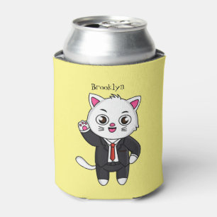 Cute kitten cat in business suit cartoon can cooler