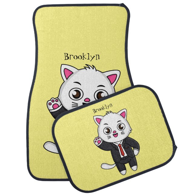 Cute kitten cat in business suit cartoon car floor mat (Set)