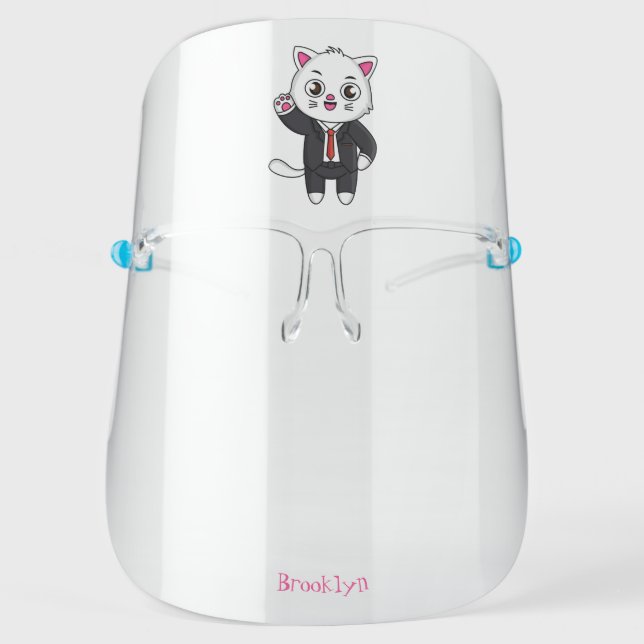 Cute kitten cat in business suit cartoon face shield (Front)