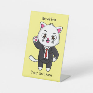 Cute kitten cat in business suit cartoon pedestal sign
