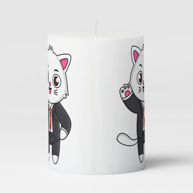 Cute kitten cat in business suit cartoon pillar candle (Back)