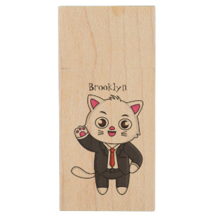 Cute kitten cat in business suit cartoon wood flash drive