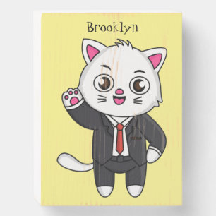Cute kitten cat in business suit cartoon wooden box sign
