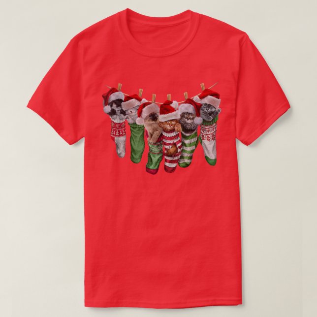 Cute Kitten Cat in Christmas Holiday Themed Socks  T-Shirt (Design Front)