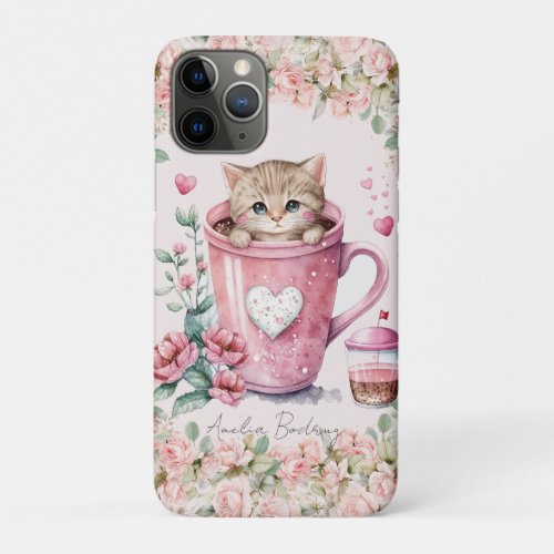 Cute Kitten Cat in Cup Blush Pink Roses Flowers iPhone 11 Pro Case