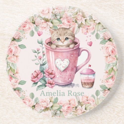 Cute Kitten Cat in Cup Blush Pink Roses Flowers Coaster