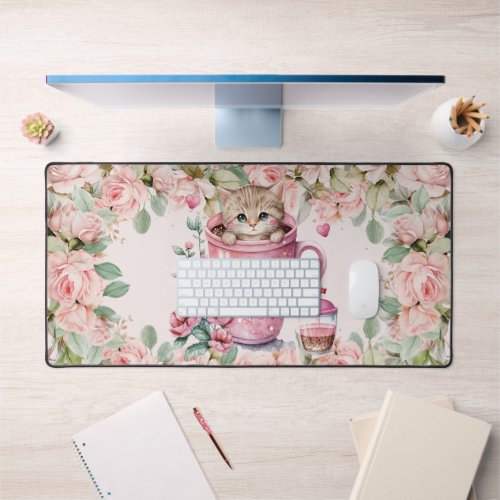 Cute Kitten Cat in Cup Blush Pink Roses Flowers Desk Mat