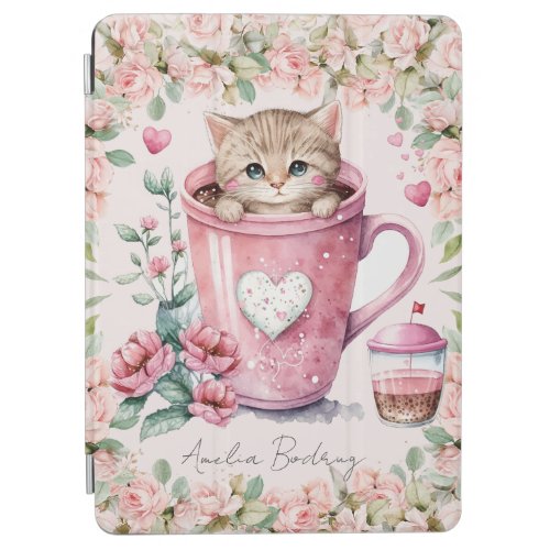Cute Kitten Cat in Cup Blush Pink Roses Flowers iPad Air Cover