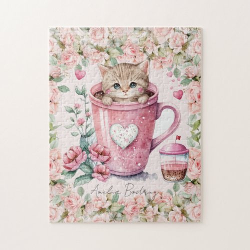 Cute Kitten Cat in Cup Blush Pink Roses Flowers Jigsaw Puzzle