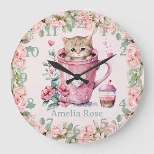 Cute Kitten Cat in Cup Blush Pink Roses Flowers Large Clock