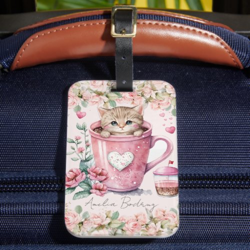 Cute Kitten Cat in Cup Blush Pink Roses Flowers Luggage Tag