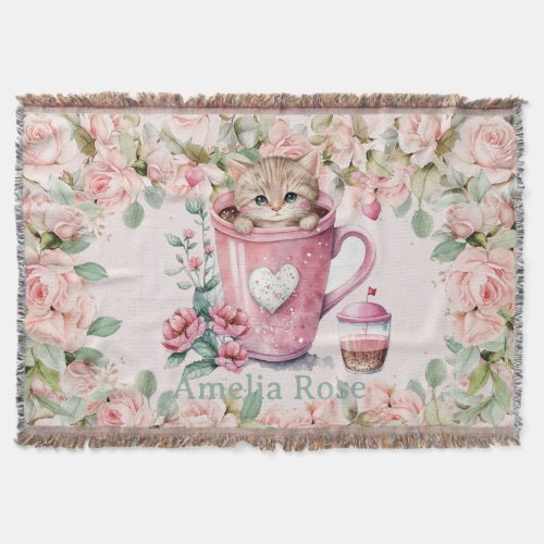 Cute Kitten Cat in Cup Blush Pink Roses Flowers Throw Blanket