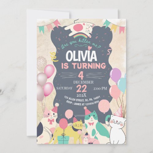 Cute Kitten  Cat Lets Pawty Birthday Party  Invitation