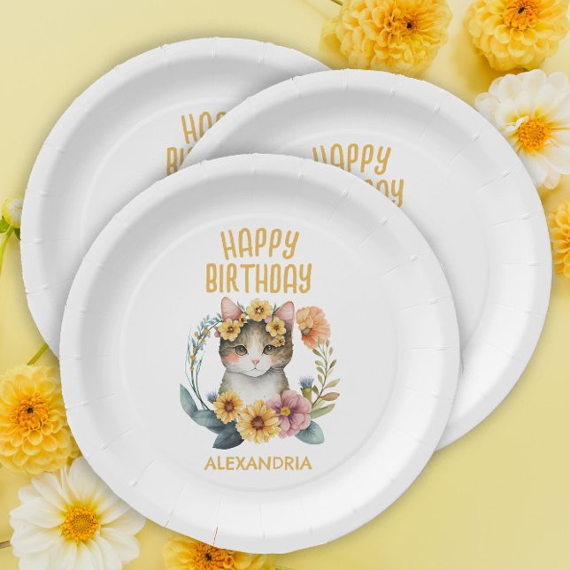 Cute Kitten Cat Little Girl's Happy Birthday Paper Plates (Creator Uploaded)