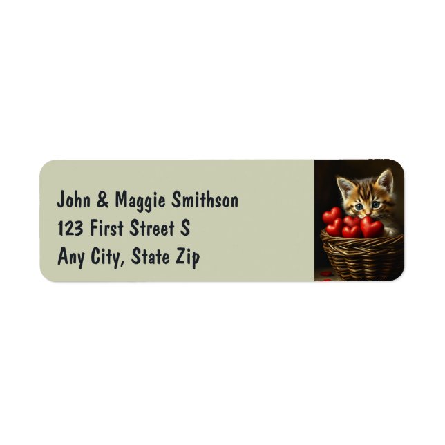 Cute Kitten Cat Pet Animal Basket of Hearts Label (Front)