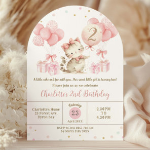 Cute Kitten Cat Pink Balloon 1st 2nd Birthday Arch Invitation
