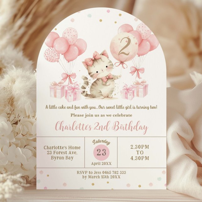 Cute Kitten Cat Pink Balloon 1st 2nd Birthday Arch Invitation (Creator Uploaded)