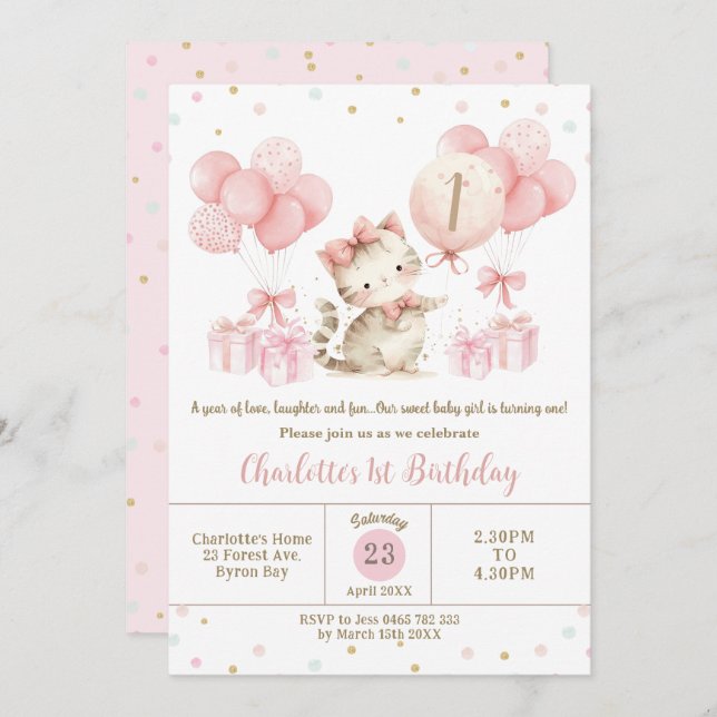 Cute Kitten Cat Pink Balloons 1st 2nd 3rd Birthday Invitation (Front/Back)