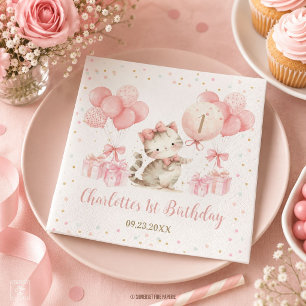 Cute Kitten Cat Pink Balloons 1st 2nd 3rd Birthday Napkins