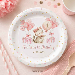 Cute Kitten Cat Pink Balloons 1st 2nd 3rd Birthday Paper Plates