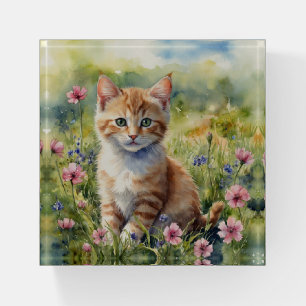 Cute Kitten Cat Pink Flowers Paperweight