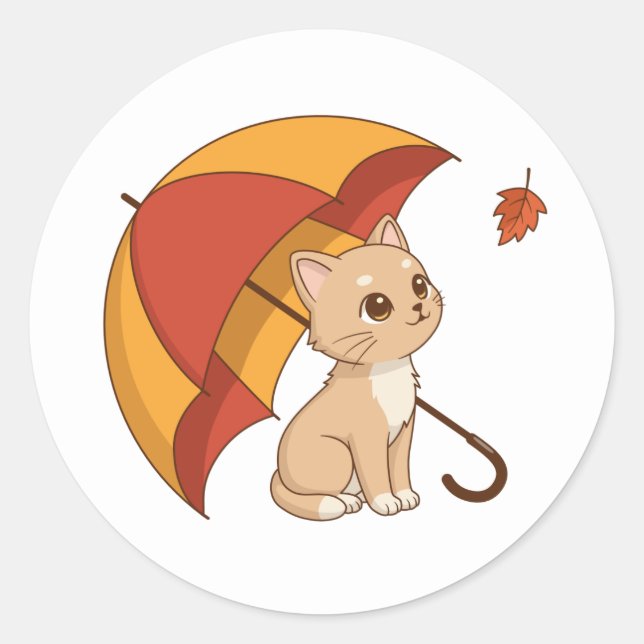 Cute Kitten Cat Red Yellow Umbrella Fall Classic Round Sticker (Front)