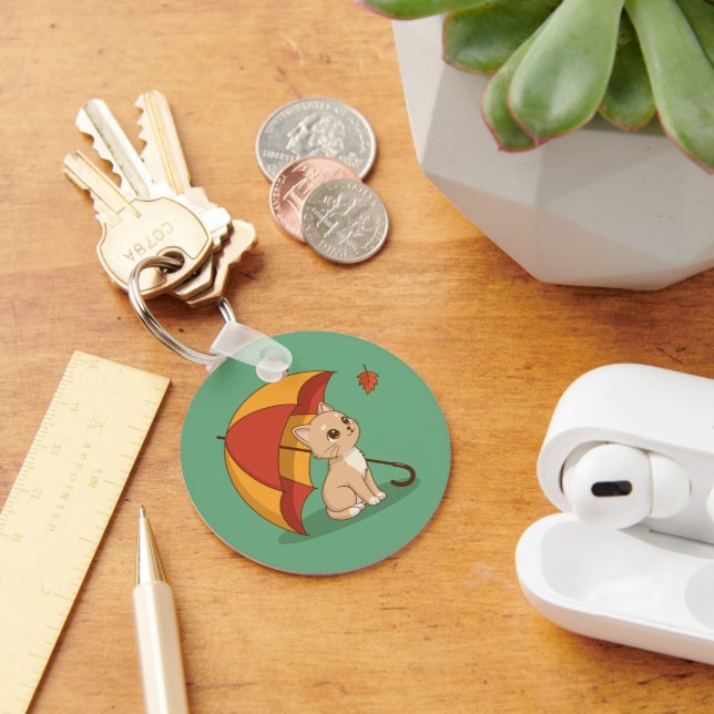 Cute Kitten Cat Red Yellow Umbrella Fall Green Keychain (Desk)