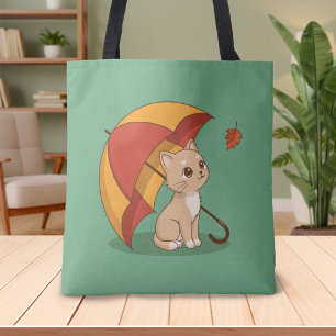 Cute Kitten Cat Red Yellow Umbrella Fall Green Tote Bag