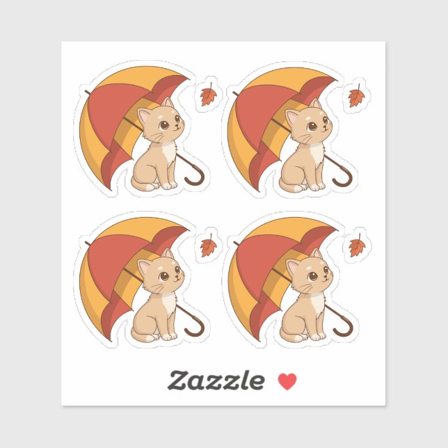 Cute Kitten Cat Red Yellow Umbrella Fall Set of 4 Sticker (Sheet)