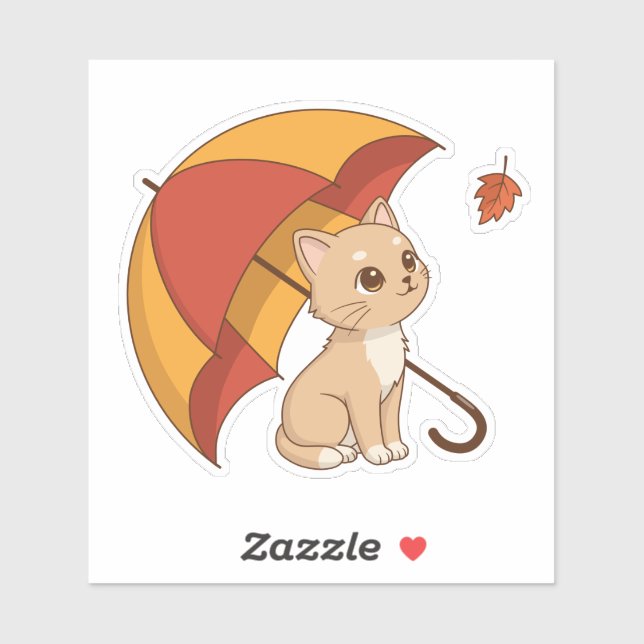 Cute Kitten Cat Red Yellow Umbrella Fall Sticker (Sheet)