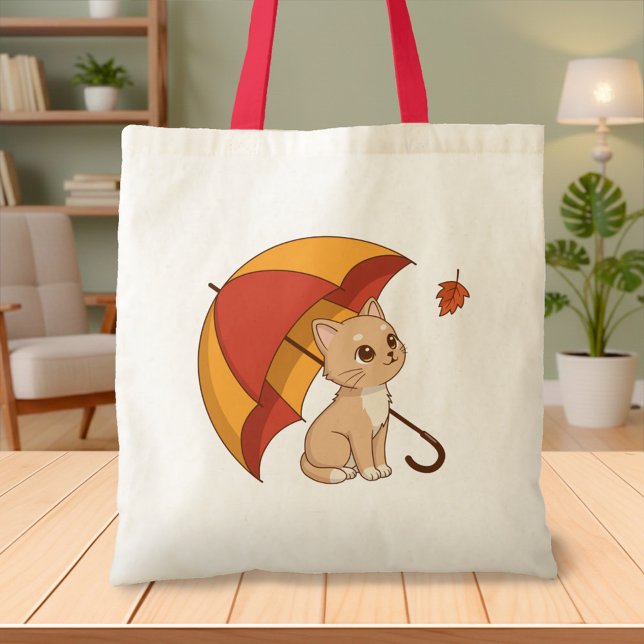 Cute Kitten Cat Red Yellow Umbrella Fall Tote Bag (Creator Uploaded)
