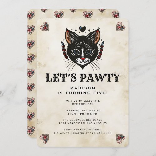 Cute Kitten Cat Rockabilly Kids Birthday Party Invitation