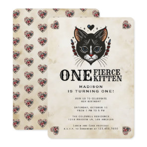 Cute Kitten Cat Rockabilly Tattoo 1st Birthday Invitation