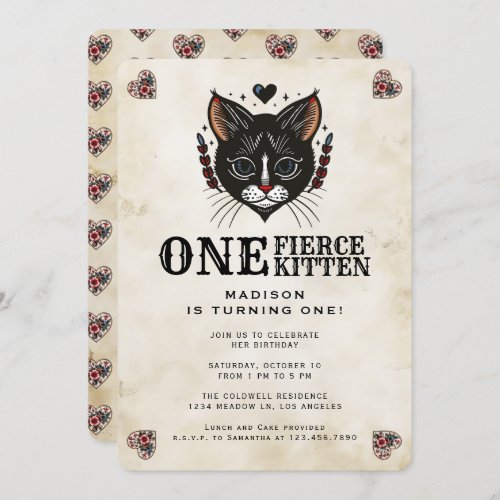 Cute Kitten Cat Rockabilly Tattoo 1st Birthday Invitation