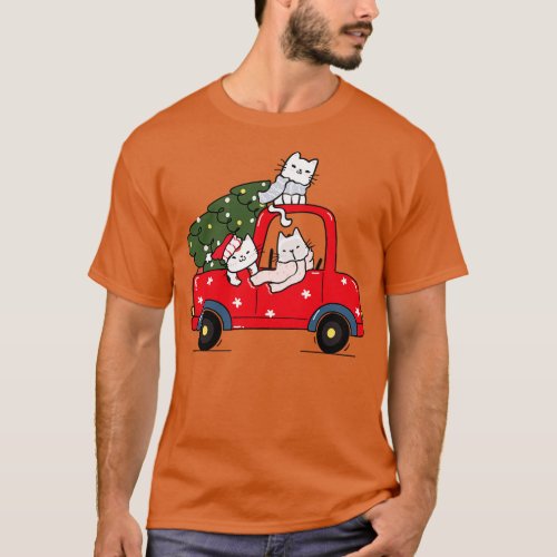 cute kitten cat with christmas tree on red truck c T_Shirt