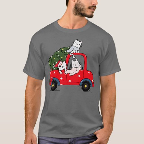 cute kitten cat with christmas tree on red truck c T_Shirt
